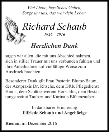 Traueranzeige von Richard Schaub von Thüringer Allgemeine, Thüringische Landeszeitung