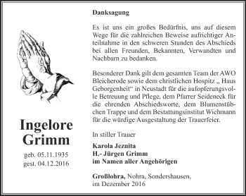 Traueranzeige von Ingelore Grimm von Thüringer Allgemeine