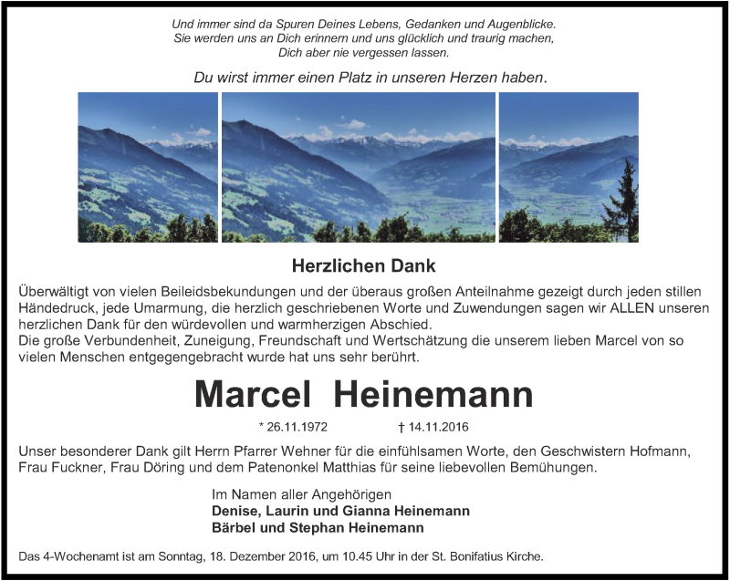  Traueranzeige für Marcel Heinemann vom 14.12.2016 aus Thüringer Allgemeine