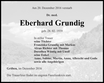 Traueranzeige von Eberhard Grundig von Ostthüringer Zeitung, Thüringische Landeszeitung