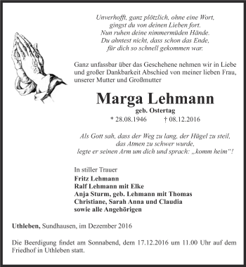 Traueranzeige von Marga Lehmann von Thüringer Allgemeine