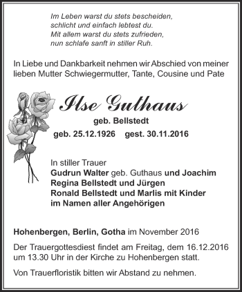 Traueranzeige von Ilse Guthaus von Thüringer Allgemeine, Thüringische Landeszeitung