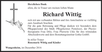 Traueranzeige von Richard Wittig von Ostthüringer Zeitung, Thüringische Landeszeitung