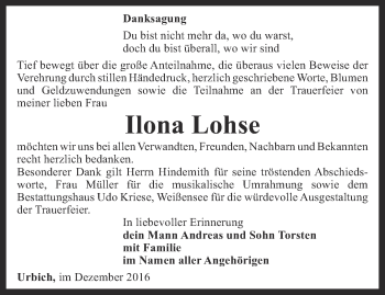 Traueranzeige von Ilona Lohse von Thüringer Allgemeine, Thüringische Landeszeitung