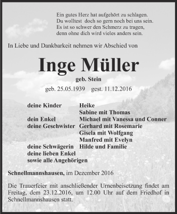 Traueranzeige von Inge Müller von Thüringer Allgemeine, Thüringische Landeszeitung