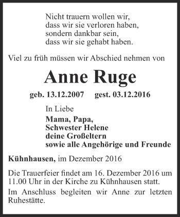 Traueranzeige von Anne Ruge von Thüringer Allgemeine, Thüringische Landeszeitung