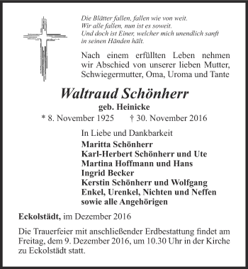 Traueranzeige von Waltraud Schönherr von Thüringer Allgemeine, Thüringische Landeszeitung