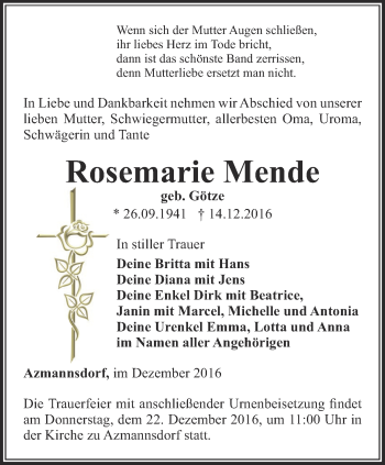 Traueranzeige von Rosemarie Mende von Thüringer Allgemeine, Thüringische Landeszeitung