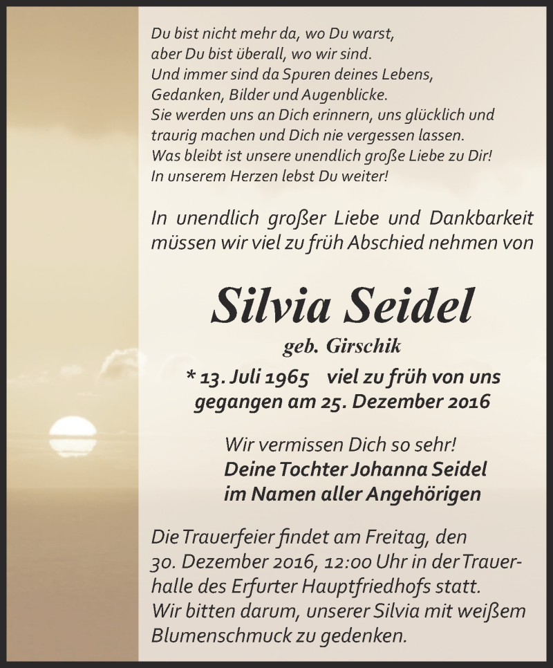  Traueranzeige für Silvia Seidel vom 29.12.2016 aus Thüringer Allgemeine, Thüringische Landeszeitung