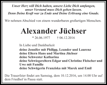 Traueranzeige von Alexander Jüchser von Ostthüringer Zeitung