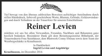 Traueranzeige von Reiner Levien von Thüringer Allgemeine, Thüringische Landeszeitung