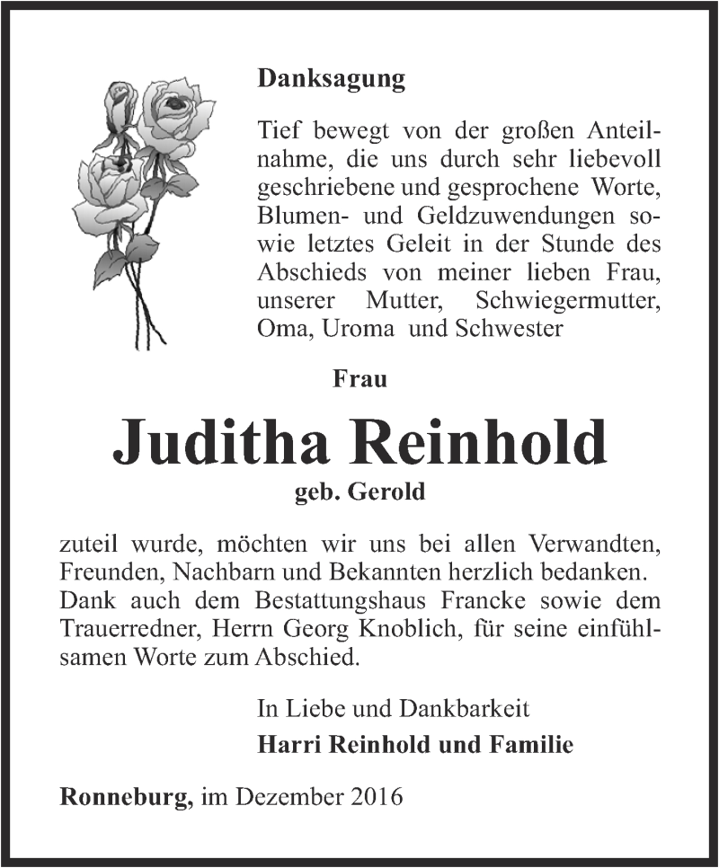  Traueranzeige für Juditha Reinhold vom 03.12.2016 aus Ostthüringer Zeitung