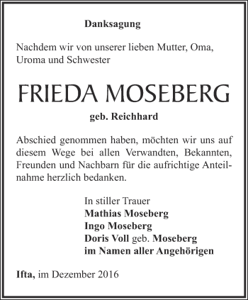 Traueranzeige von Frieda Moseberg von Thüringer Allgemeine, Thüringische Landeszeitung