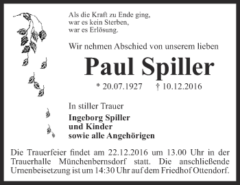 Traueranzeige von Paul Spiller von Ostthüringer Zeitung
