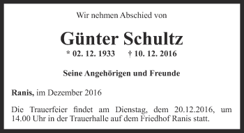 Traueranzeige von Günter Schultz von Ostthüringer Zeitung