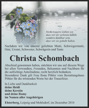 Traueranzeige von Christa Schombach von Ostthüringer Zeitung