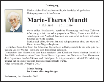 Traueranzeige von Marie-Theres Mundt von Thüringer Allgemeine