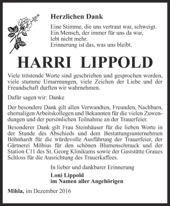 Traueranzeige von Harri Lippold von Thüringer Allgemeine, Thüringische Landeszeitung