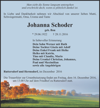 Traueranzeige von Johanna Schoder von Ostthüringer Zeitung