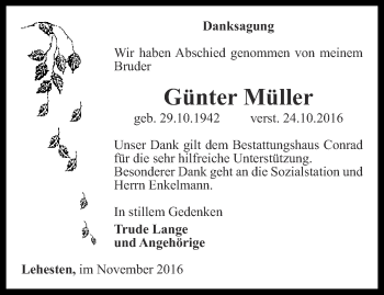 Traueranzeige von Günter Müller von Ostthüringer Zeitung