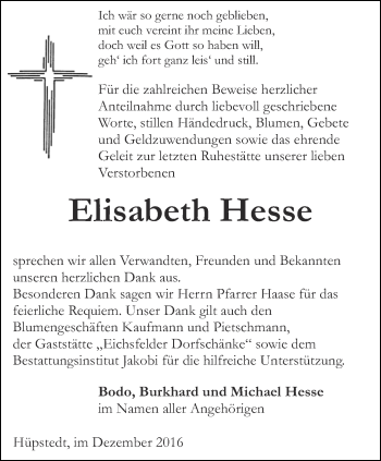 Traueranzeige von Elisabeth Hesse von Thüringer Allgemeine, Thüringische Landeszeitung