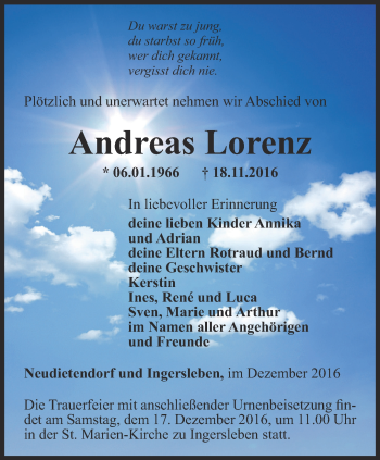 Traueranzeige von Andreas Lorenz von Thüringer Allgemeine, Thüringische Landeszeitung