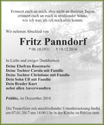 Traueranzeige von Fritz Panndorf von Ostthüringer Zeitung