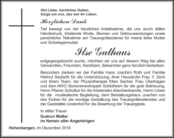 Traueranzeige von Ilse Guthaus von Thüringer Allgemeine, Thüringische Landeszeitung