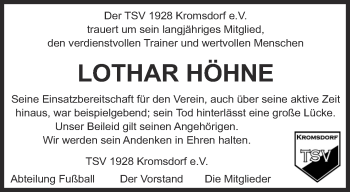 Traueranzeige von Lothar Höhne von Thüringer Allgemeine, Thüringische Landeszeitung