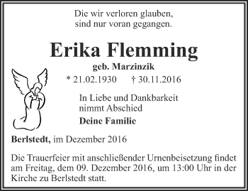 Traueranzeige von Erika Flemming von Thüringer Allgemeine, Thüringische Landeszeitung