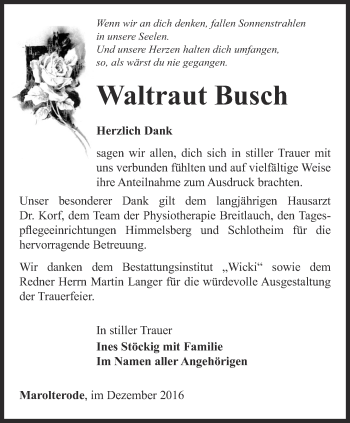 Traueranzeige von Waltraut Busch von Thüringer Allgemeine, Thüringische Landeszeitung