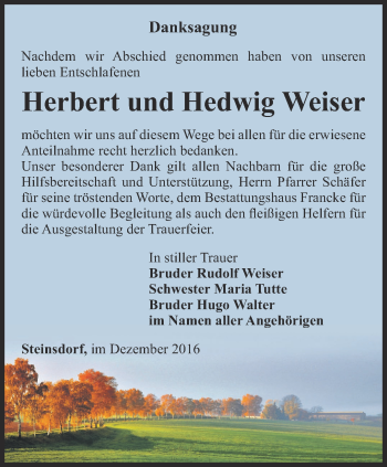 Traueranzeige von Herbert und Hedwig Weiser