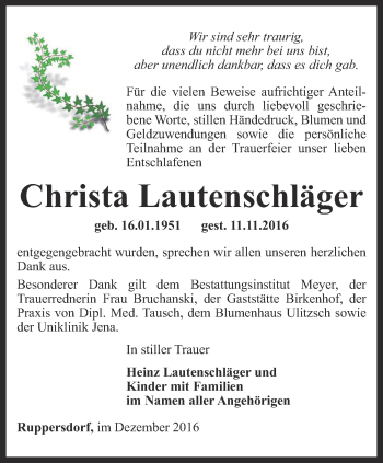 Traueranzeige von Christa Lautenschläger von Ostthüringer Zeitung