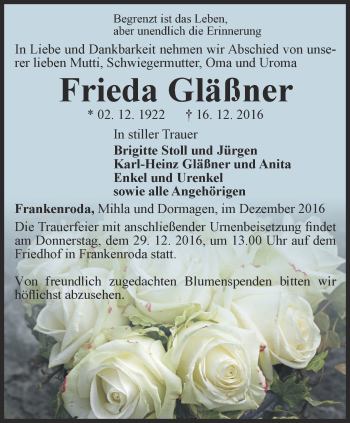 Traueranzeige von Frieda Gläßner von Thüringer Allgemeine, Thüringische Landeszeitung