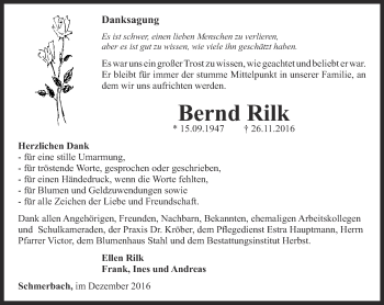 Traueranzeige von Bernd Rilk von Ostthüringer Zeitung, Thüringische Landeszeitung