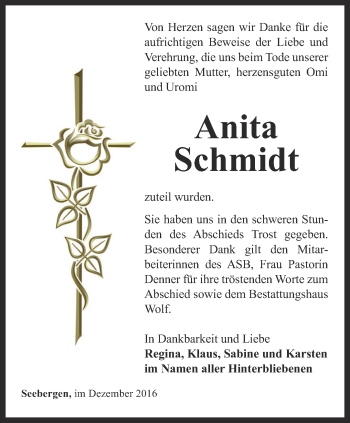 Traueranzeige von Anita Schmidt von Ostthüringer Zeitung, Thüringische Landeszeitung