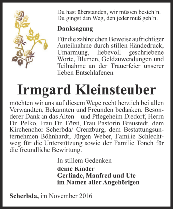 Traueranzeige von Irmgard Kleinsteuber von Thüringer Allgemeine, Thüringische Landeszeitung