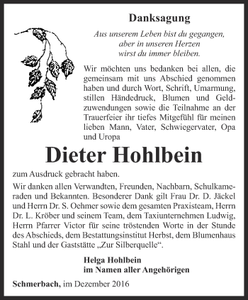 Traueranzeige von Dieter Hohlbein von Ostthüringer Zeitung, Thüringische Landeszeitung