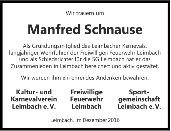 Traueranzeige von Manfred Schnause von Thüringer Allgemeine