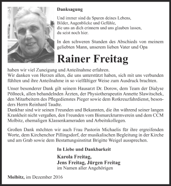 Traueranzeige von Rainer Freitag von Ostthüringer Zeitung