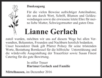 Traueranzeige von Lianne Gerlach von Thüringer Allgemeine, Thüringische Landeszeitung