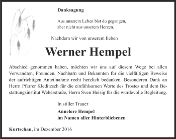 Traueranzeige von Werner Hempel von Ostthüringer Zeitung