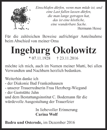 Traueranzeige von Ingeburg Okolowitz von Thüringer Allgemeine