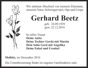 Traueranzeige von Gerhard Beetz von Ostthüringer Zeitung