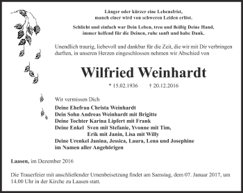 Traueranzeige von Wilfried Weinhardt von Ostthüringer Zeitung