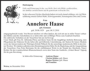 Traueranzeige von Annelore Haase von Ostthüringer Zeitung