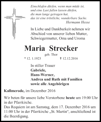 Traueranzeige von Maria Strecker von Thüringer Allgemeine