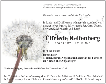 Traueranzeige von Elfriede Reifenberg von Thüringer Allgemeine