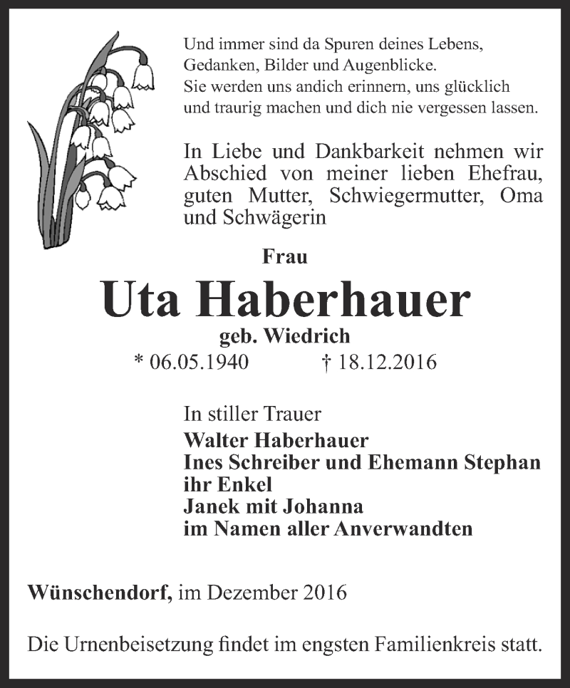  Traueranzeige für Uta Haberhauer vom 22.12.2016 aus Ostthüringer Zeitung