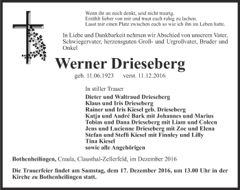 Traueranzeige von Werner Drieseberg von Thüringer Allgemeine, Thüringische Landeszeitung
